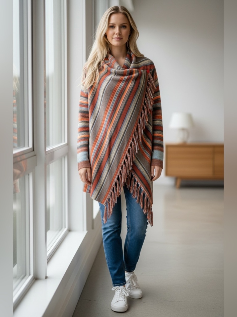 Striped Fringe Knit Sweater Wrap Orange Tan Rust Blue Large